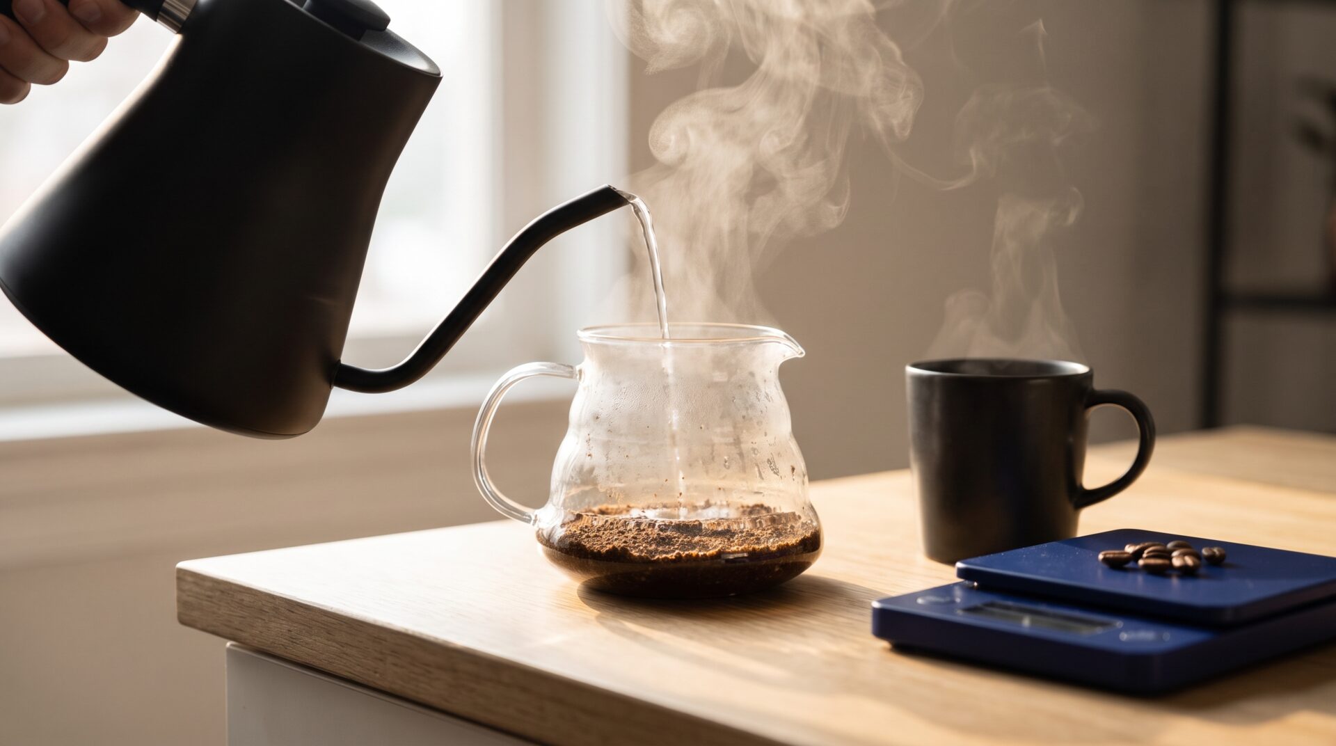 A gooseneck kettle pouring into a glass carafe on a wooden counter in morning light